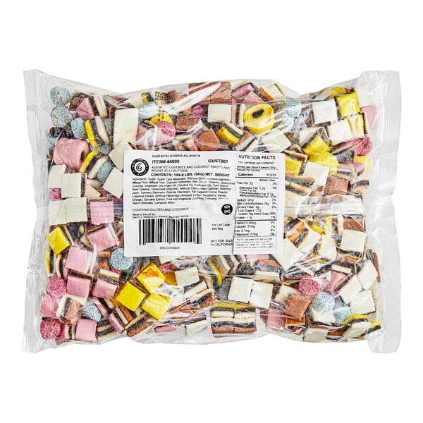A white bag of Gustaf's Licorice Allsorts with a label.