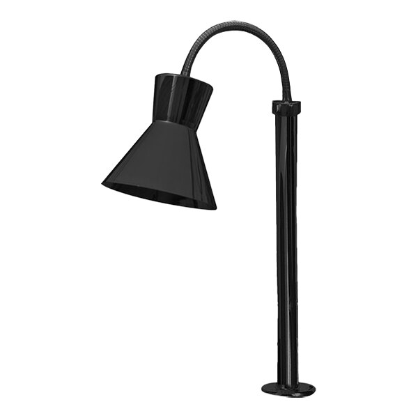 A close-up of a Hanson black mounted heat lamp with a black shade.