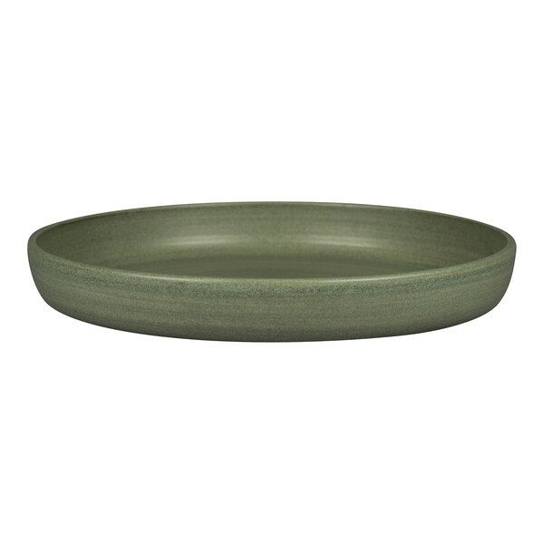 A dark green Rakstone Selva porcelain deep coupe plate with a rim.