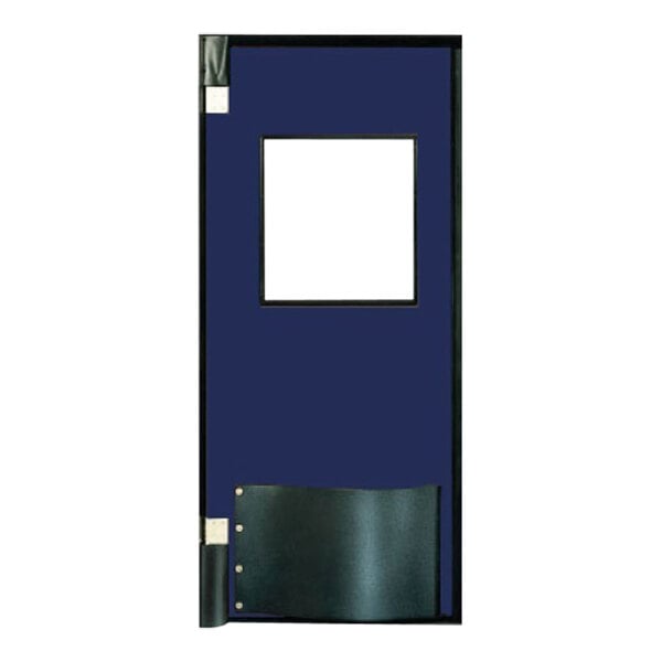 A blue rectangular Chase Doors traffic door with a window and black bumpers.