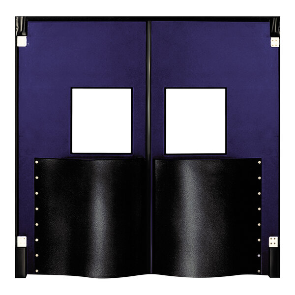 A blue and black double swinging traffic door with windows and black bumpers.