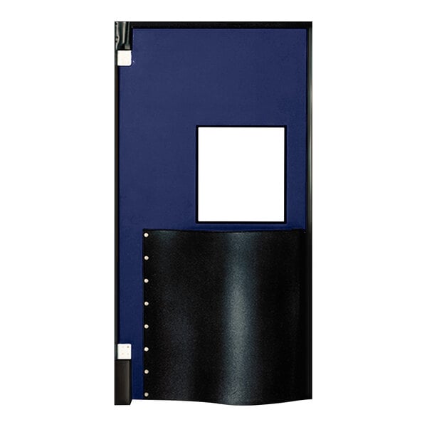 A blue Durulite traffic door with a black rectangular frame and window.