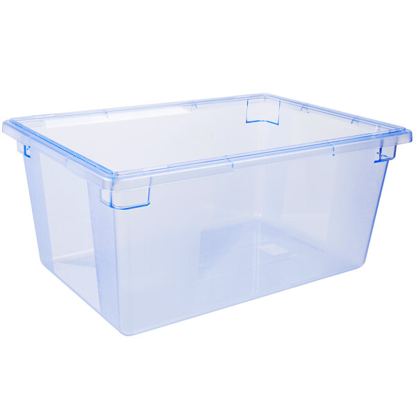 A clear plastic Carlisle food storage box with blue handles.