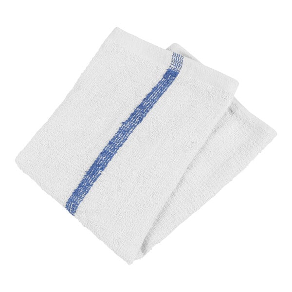 A white Monarch Brands terry cloth bar towel with blue stripes.