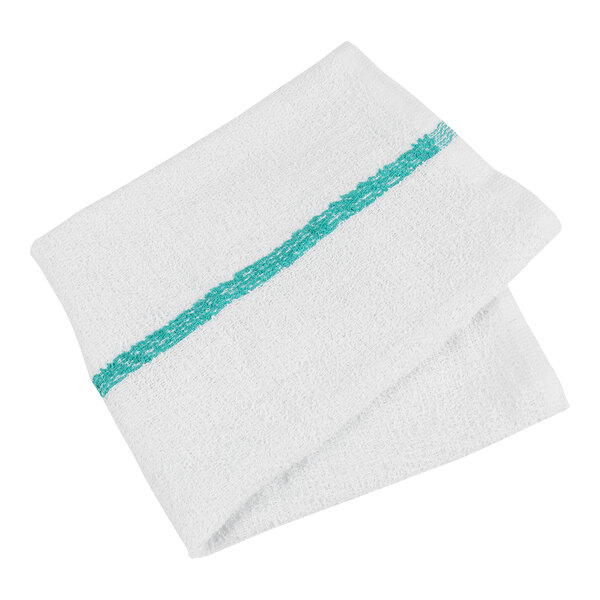 A white towel with turquoise stripes.