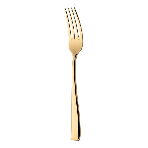 A Sola Durban Gold stainless steel dessert fork with a gold handle.
