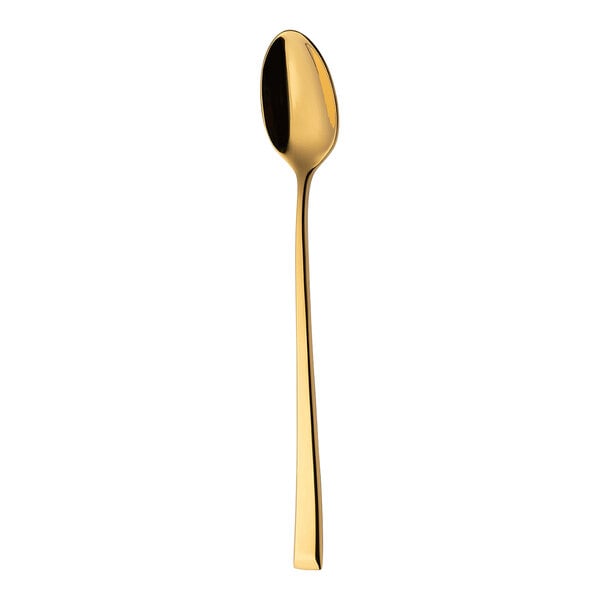 A Sola the Netherlands stainless steel iced tea spoon with a gold handle.