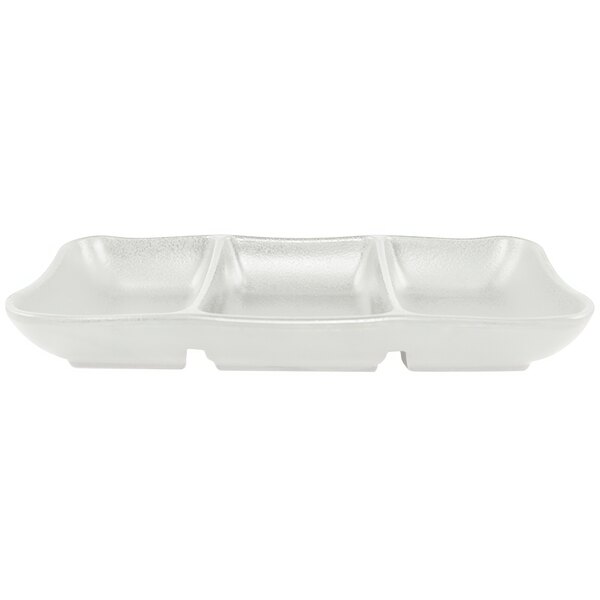 A white rectangular Elite Global Solutions melamine tray with three compartments.