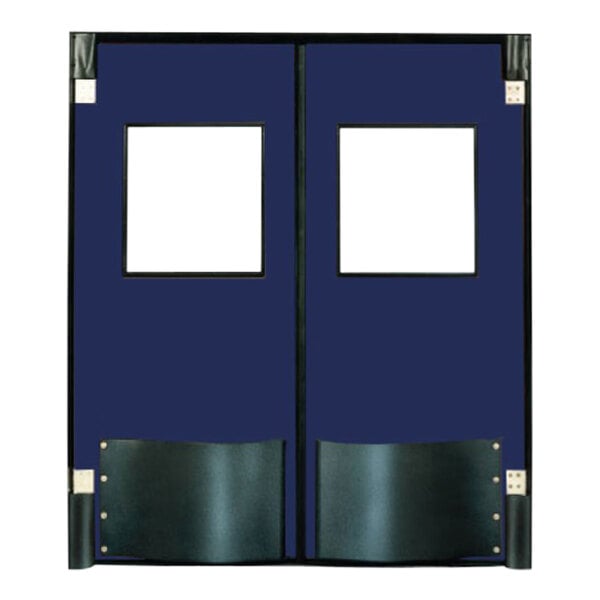 A blue double Chase Doors traffic door with windows.