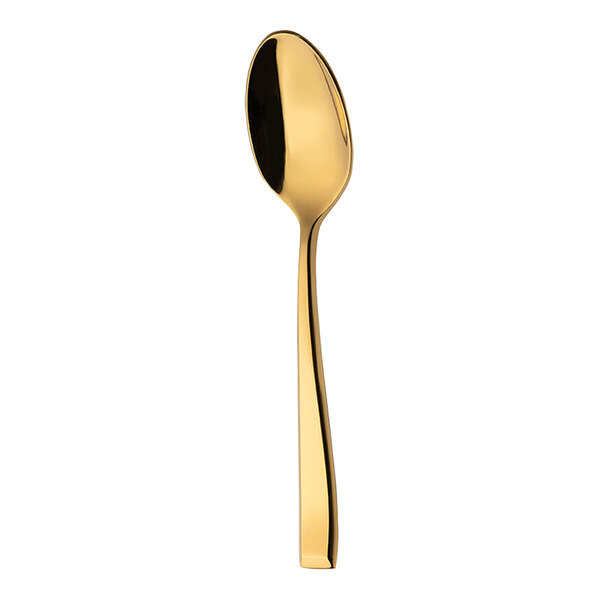 A Sola Durban Gold teaspoon with a black spoon on a white background.