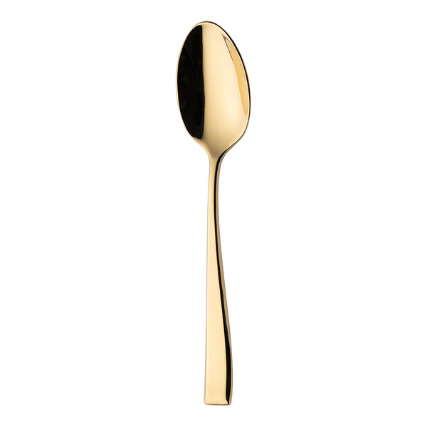 A Sola Netherlands stainless steel dessert spoon with a gold handle.