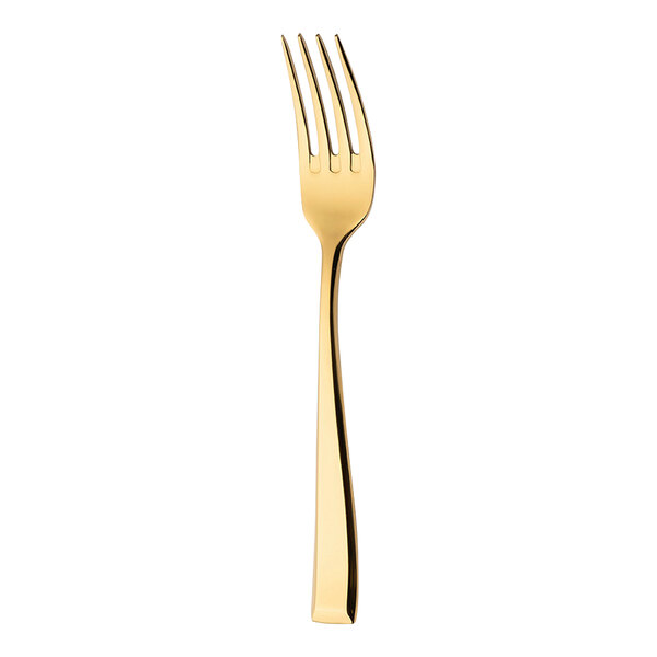 A close-up of a Sola Durban Gold stainless steel fork with a white handle.