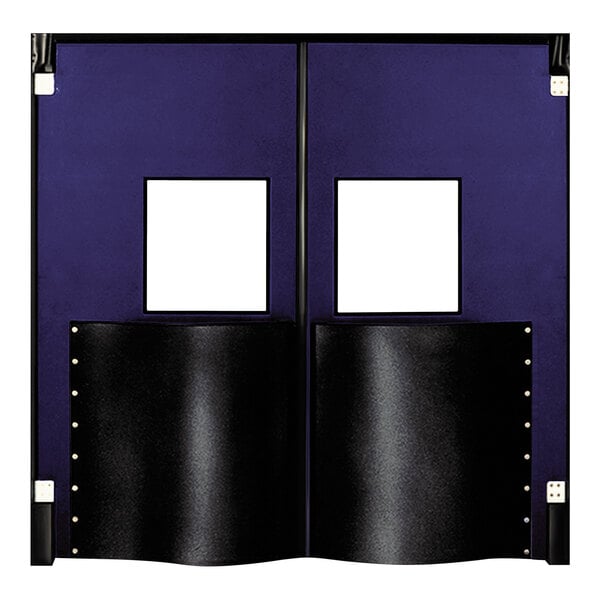 A blue and black double swinging traffic door with windows and black bumpers.