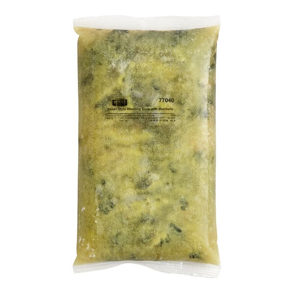 A plastic bag of Blount Fine Foods Italian Wedding Soup with green and yellow food.