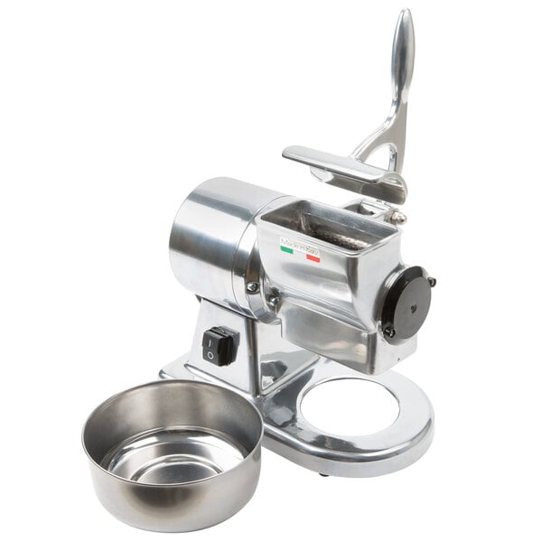 A Fama silver electric hard cheese grater with a bowl.