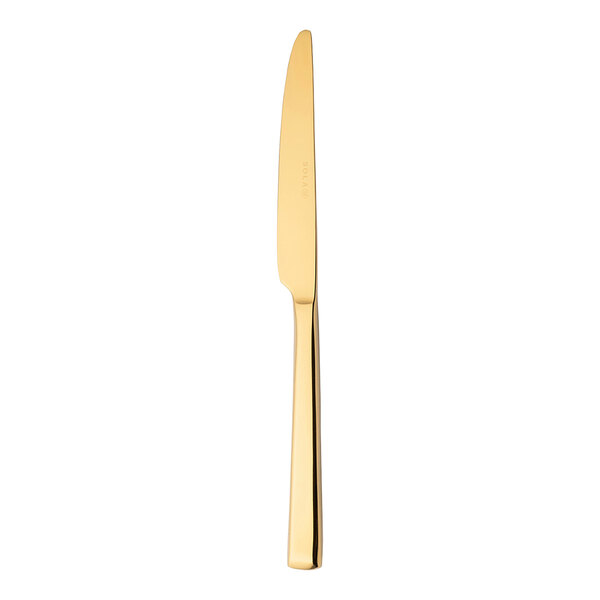 A Sola the Netherlands Durban Gold stainless steel butter knife with a white handle.