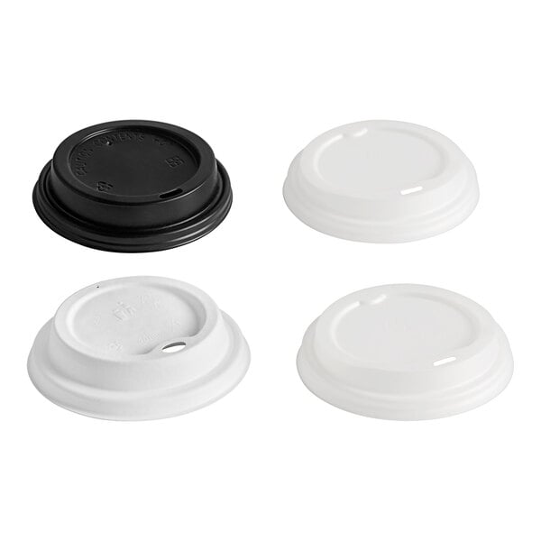 A white plastic container with a hole containing white and black EcoChoice hot cups with lids.