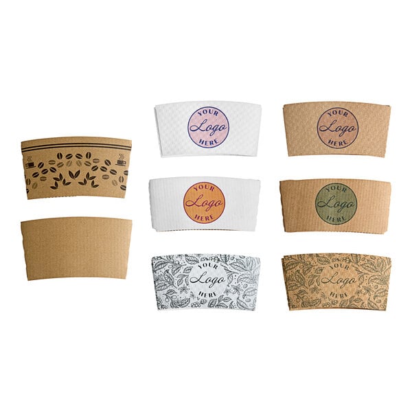 A variety of New Roots paper hot cups with different designs and logos in a cardboard sleeve with a white and black logo.