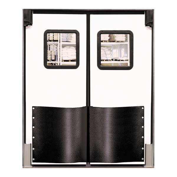 A white medium-duty double traffic door with black trim and windows.