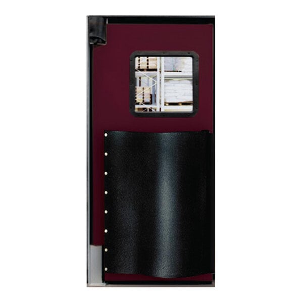 A red medium-duty Durulite traffic door with window and black bumpers.