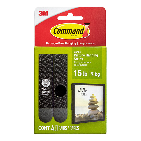 A package of 3M Command large black picture hanging strip pairs.