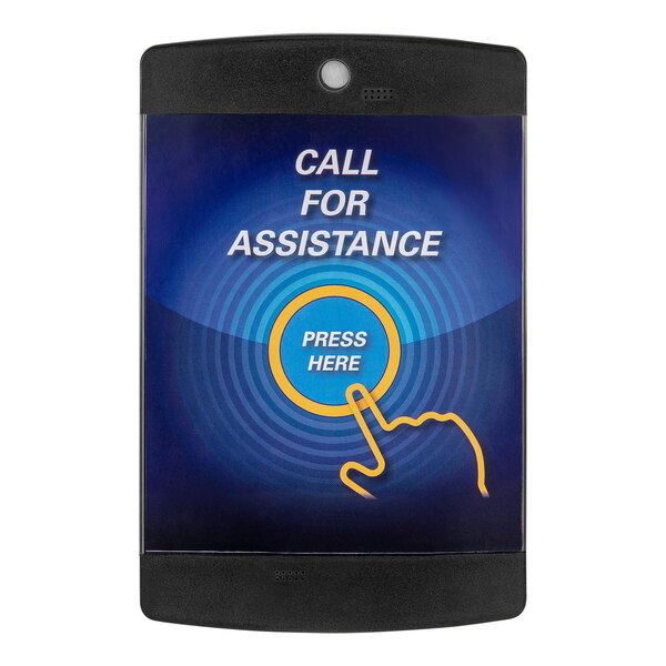 A black rectangular Motorola call box with a blue screen and a yellow finger pointing at the screen.