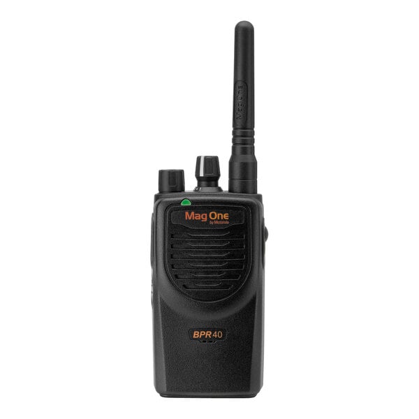 A close-up of a black Motorola BPR40 handheld walkie talkie.