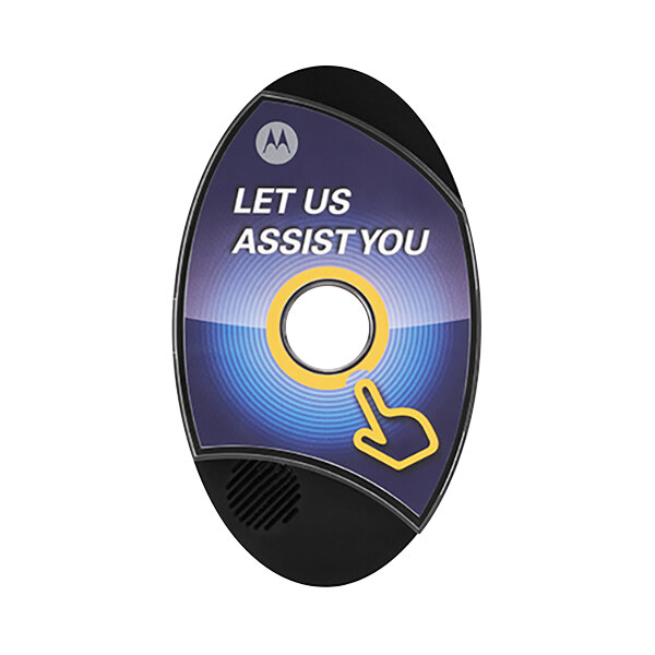 A circular black and white Motorola call box button with the words "let us assist you" in the center.