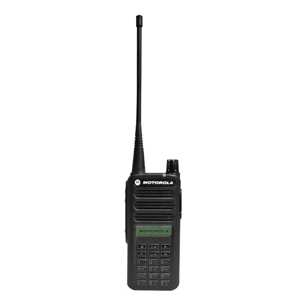 A close-up of a black Motorola MOTOTRBO walkie talkie with a black antenna.