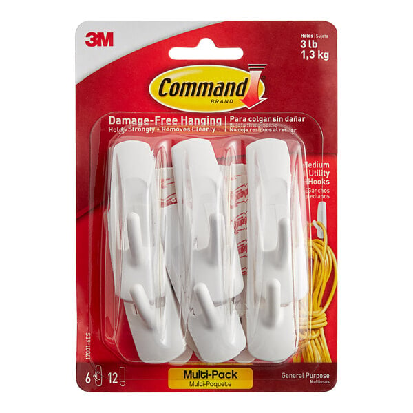 A 6 pack of white 3M Command utility hooks.