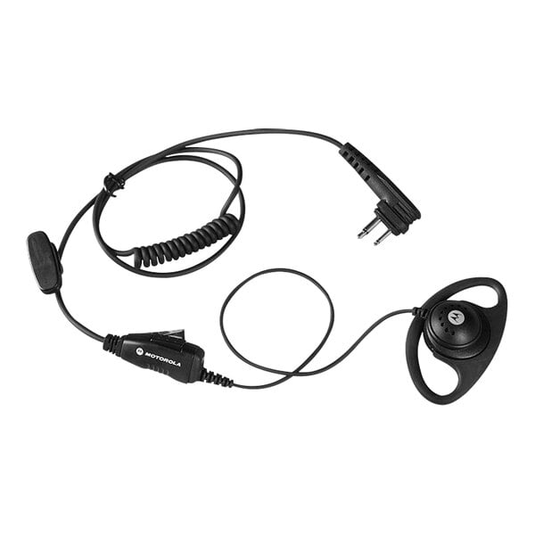 A black Motorola D-Style earpiece with an in-line microphone and cord.
