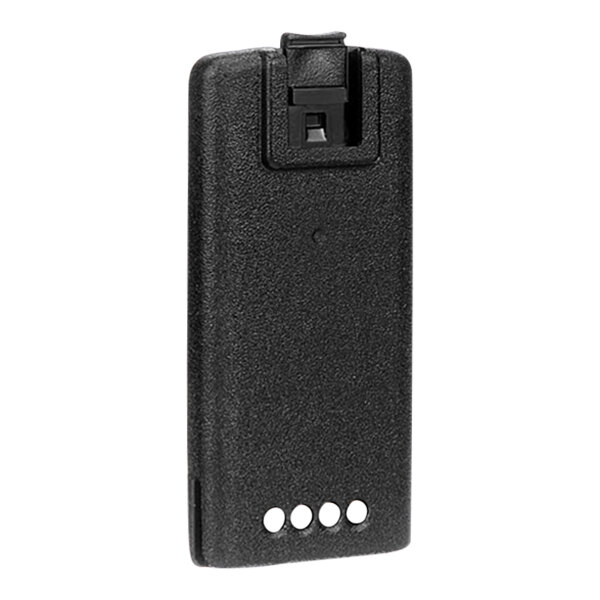 A black rectangular Motorola lithium-ion battery with three holes.