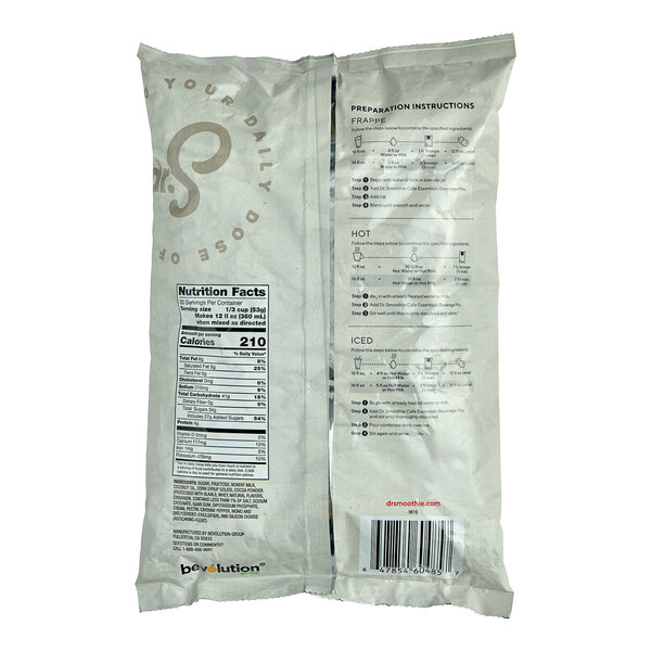 A white package of Dr. Smoothie Cafe Essentials Mexican Spiced Cocoa Beverage Mix with a label.
