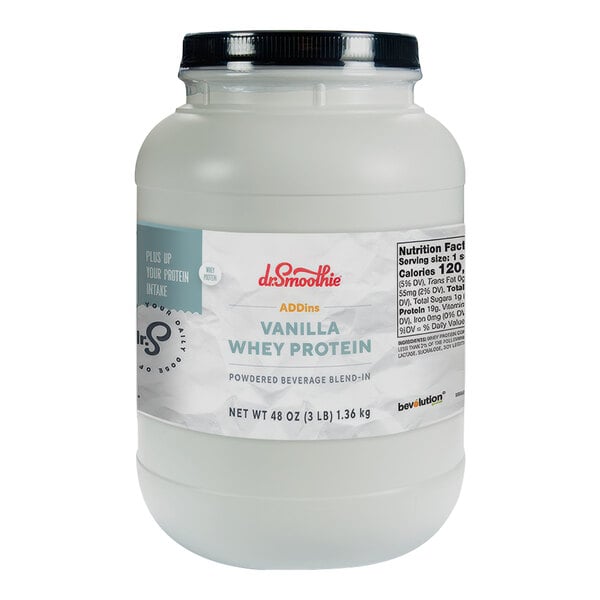 A white plastic container of Dr. Smoothie Vanilla Whey Protein Supplement Powder with a black lid and label.