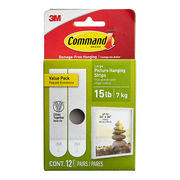 A box of 12 3M Command large white picture hanging strip pairs.