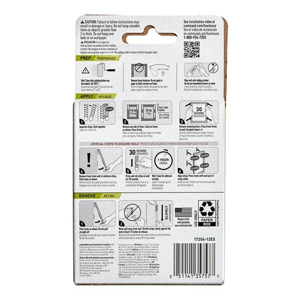 A white box of 3M Command large white picture hanging strip pairs with instructions on the front.