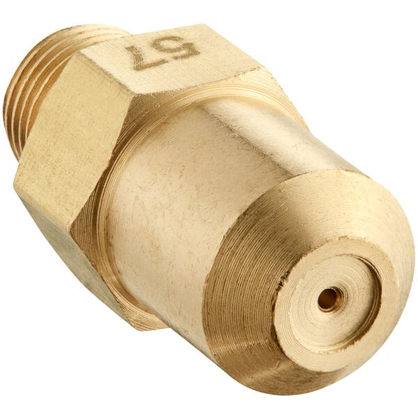 A brass MainStreet Equipment high elevation liquid propane burner orifice with a hole in the middle.