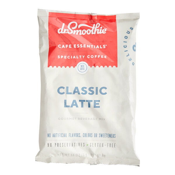 A bag of Dr. Smoothie Cafe Essentials Classic Latte Beverage Mix weighing 3.5 pounds.
