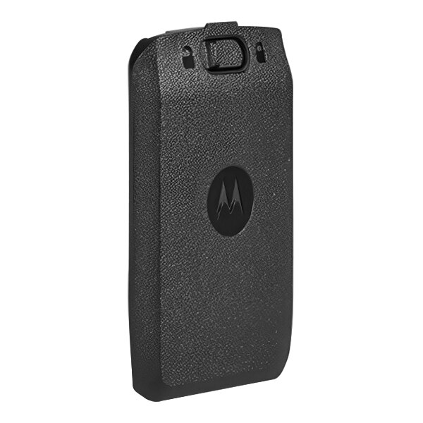 A black rectangular Motorola battery door with a logo.