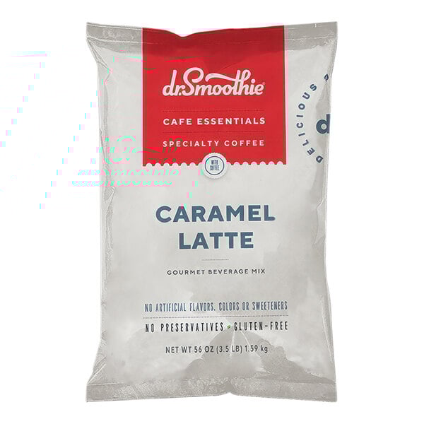 A white bag of Dr. Smoothie Cafe Essentials Caramel Latte Beverage Mix with red and white text.
