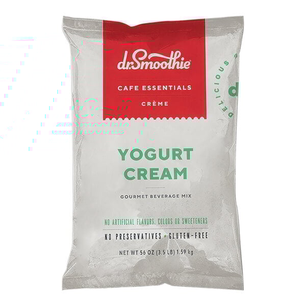 A white package of Dr. Smoothie Cafe Essentials Yogurt Cream Beverage Mix with red and green text.