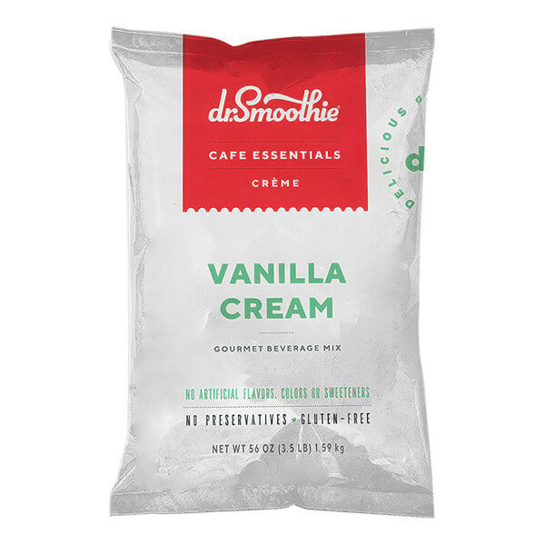 A white package of Dr. Smoothie Cafe Essentials Vanilla Cream Beverage Mix with red and green text.