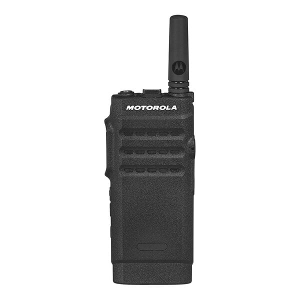 A black rectangular Motorola walkie talkie with white text on the display.