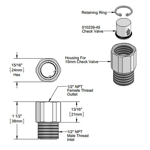 A diagram of a T&S check valve adapter with valve and retaining ring threaded on.