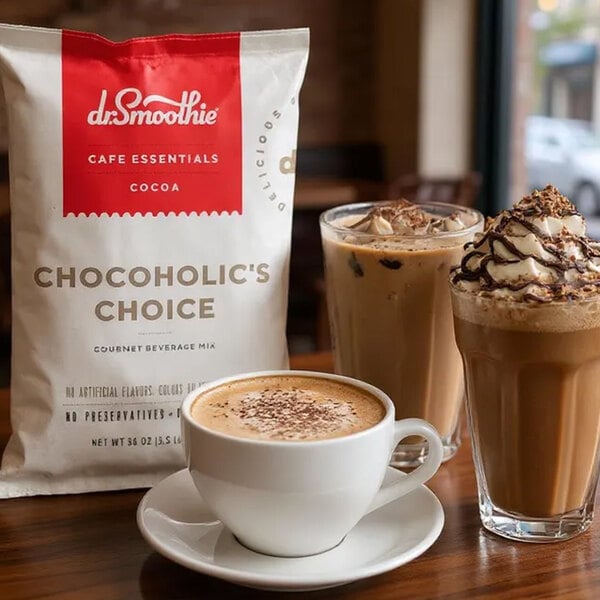 A bag of Dr. Smoothie Chocoholic's Choice beverage mix is displayed next to three chocolate drinks, including a cappuccino, an iced beverage, and a whipped cream-topped drink.