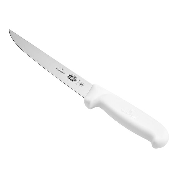 A Victorinox boning knife with a white handle.