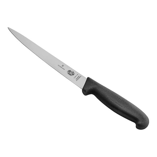 A Victorinox fillet knife with a black handle.