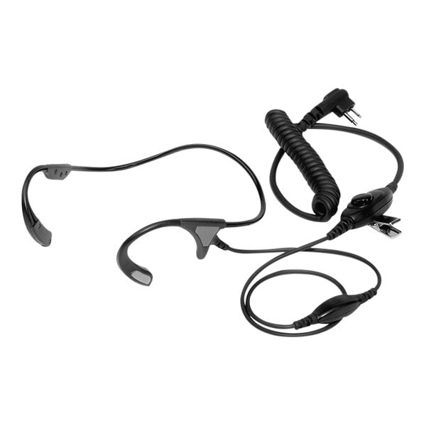 A close-up of a Motorola headset with a microphone and cord.