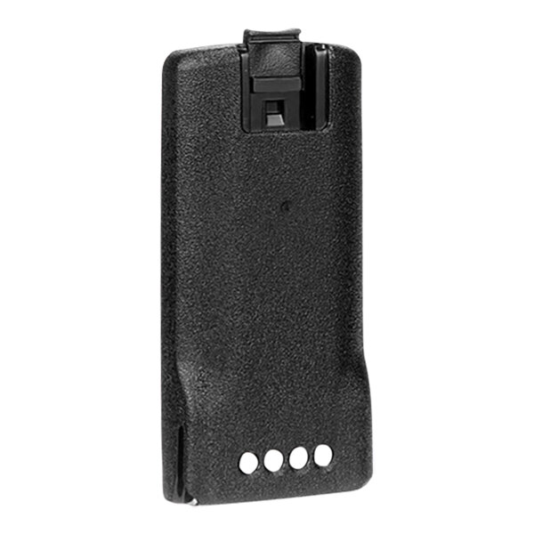 A close-up of a black Motorola lithium-ion battery.