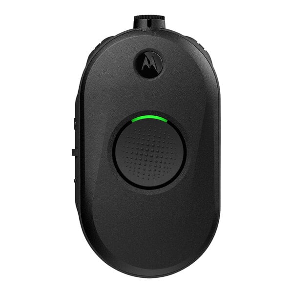 A black Motorola CLP1010e walkie talkie with a green button.